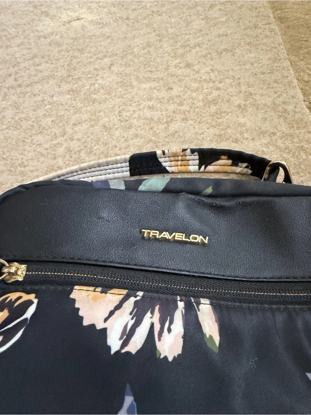 Travelon Black Floral Crossbody with Teal and Yellow Accents - Picture 2 of 8